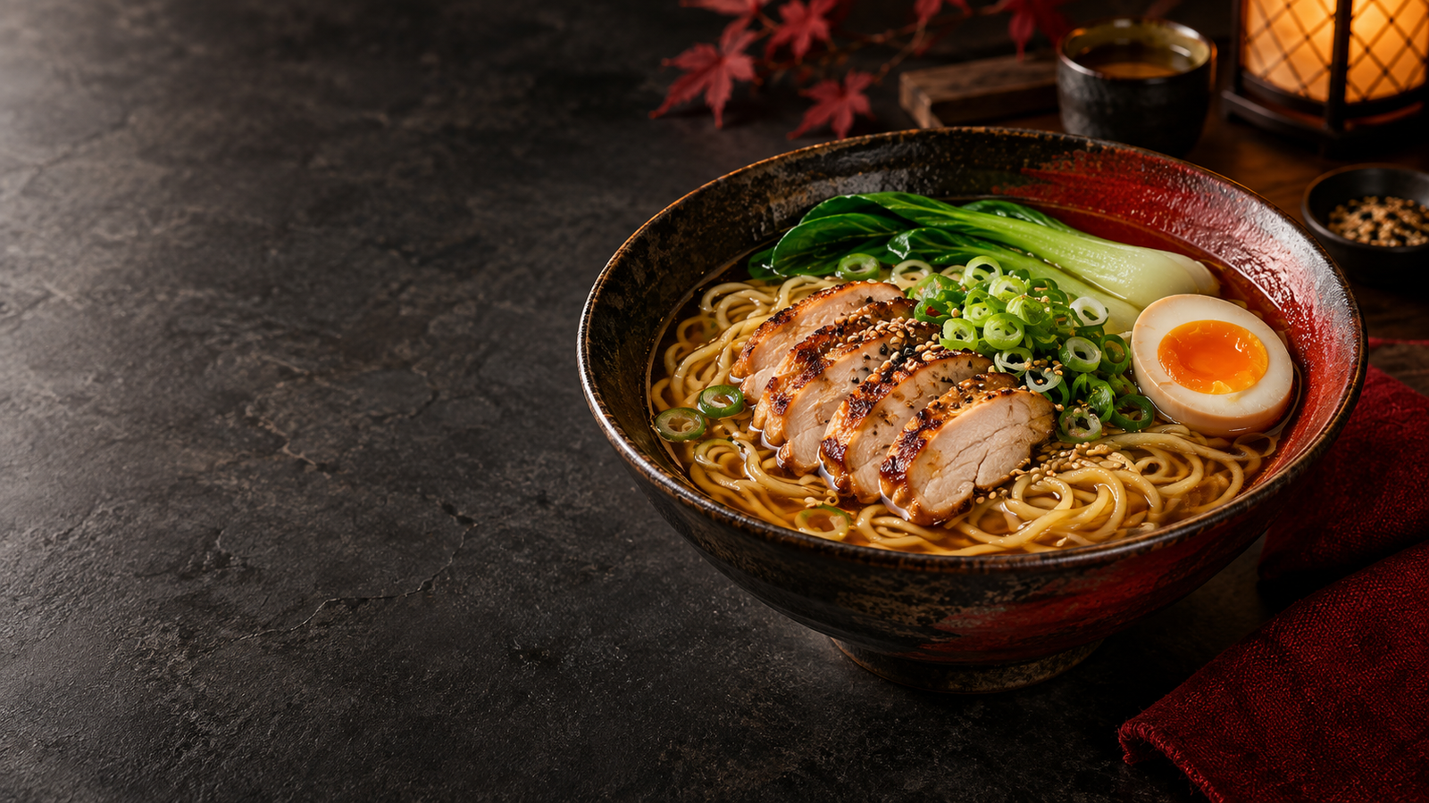 鶏肉、半熟卵、青菜を盛り付けた醤油ラーメン